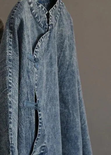 Cotton Dress Retro Color Frog Denim Blue Loose Dress