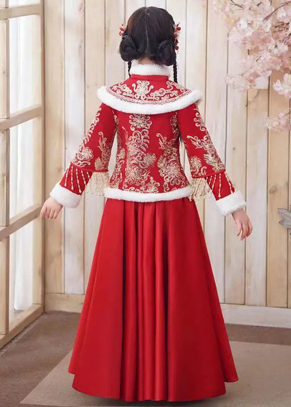 Style Red Embroideried Tassel Coats and Long Skirts Two Piece Set Long Sleeve