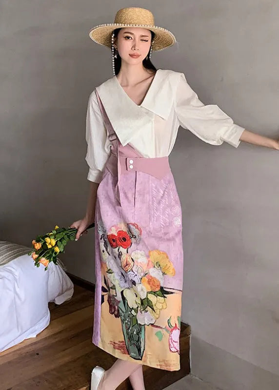 Original Design Sailor Collar Asymmetrical Design Print Silk Tops and Skirts Two-piece Set Summer