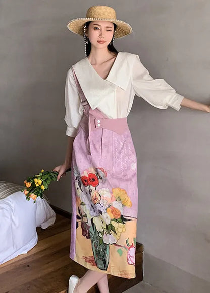 Original Design Sailor Collar Asymmetrical Design Print Silk Tops and Skirts Two-piece Set Summer