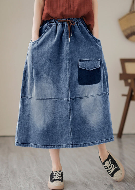 Blue Patchwork Drawstring Elastic Waist Denim Skirts Summer