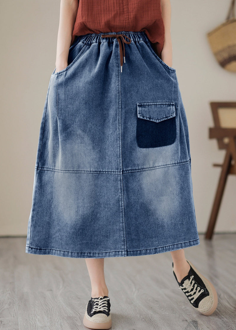 Blue Patchwork Drawstring Elastic Waist Denim Skirts Summer