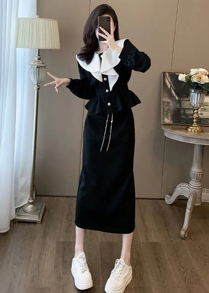 Stylish Black Ruffled Tops and Skirts Elastic Waist Cotton Two Pieces Set Spring