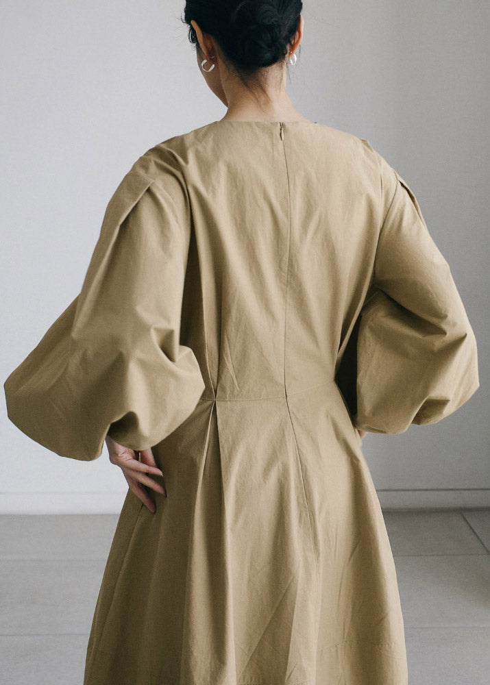 Khaki V Neck Patchwork Zippered Cotton Vacation Dresses Long Sleeve