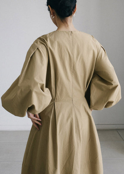 Khaki V Neck Patchwork Zippered Cotton Vacation Dresses Long Sleeve