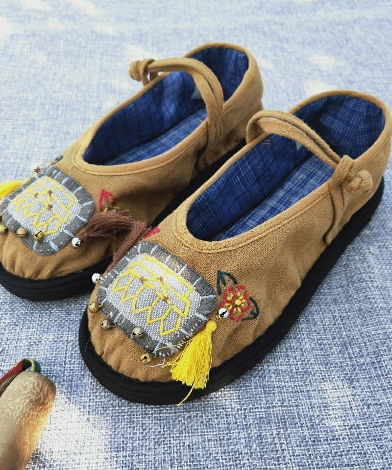 Splicing Buckle Strap Flat Shoes Yellow Cotton Fabric