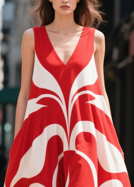 Red Oversized Print Chiffon Holiday Dresses Summer
