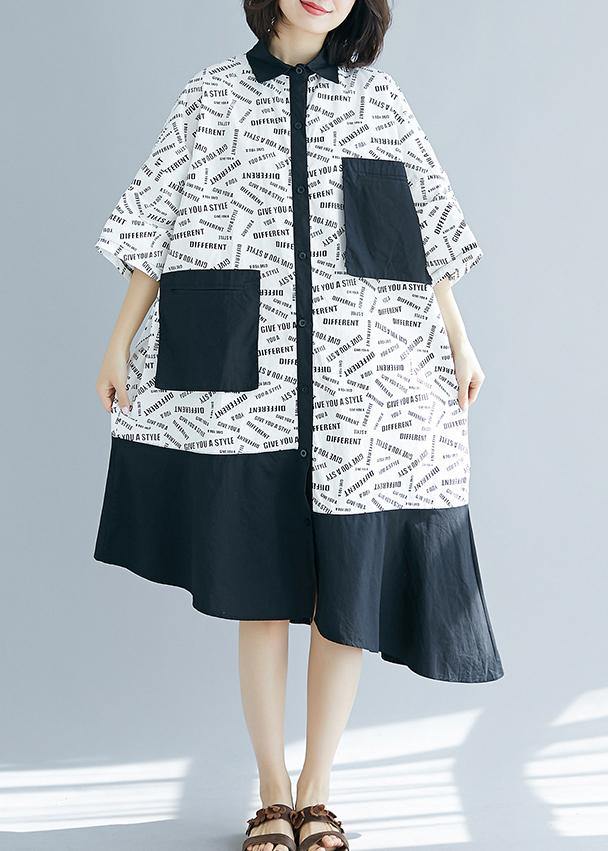 French Lapel Patchwork Asymmetric Cotton White Print Dresses Summer
