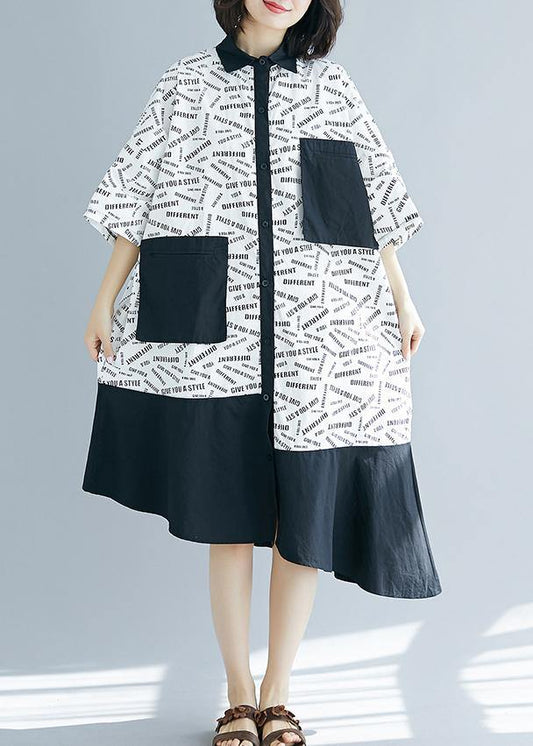 French Lapel Patchwork Asymmetric Cotton White Print Dresses Summer