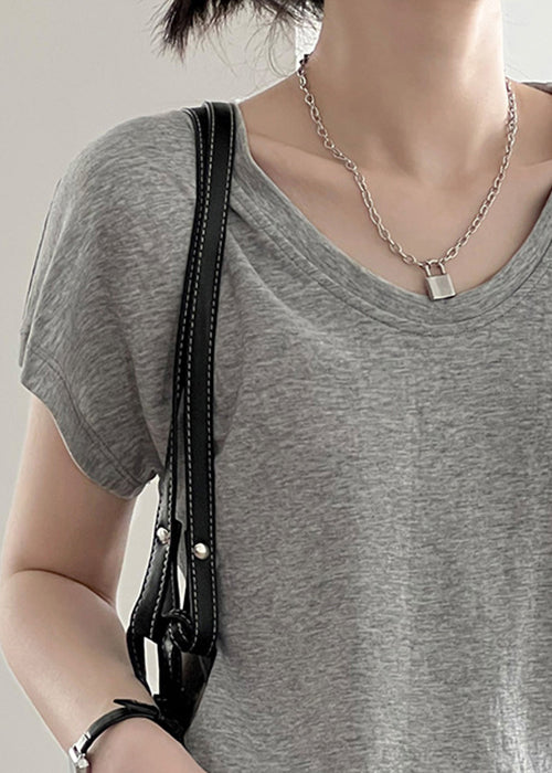 Grey Cotton T Shirt Top O Neck Short Sleeve