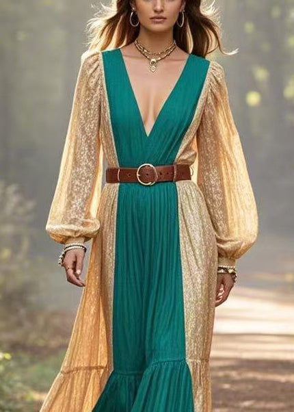 Stylish Colorblock Deep-v Neck Patchwork Cinched Dress Spring