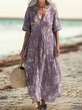 Women's Vintage Floral Art Pattern Print Pocket V-neck Cotton Dress
