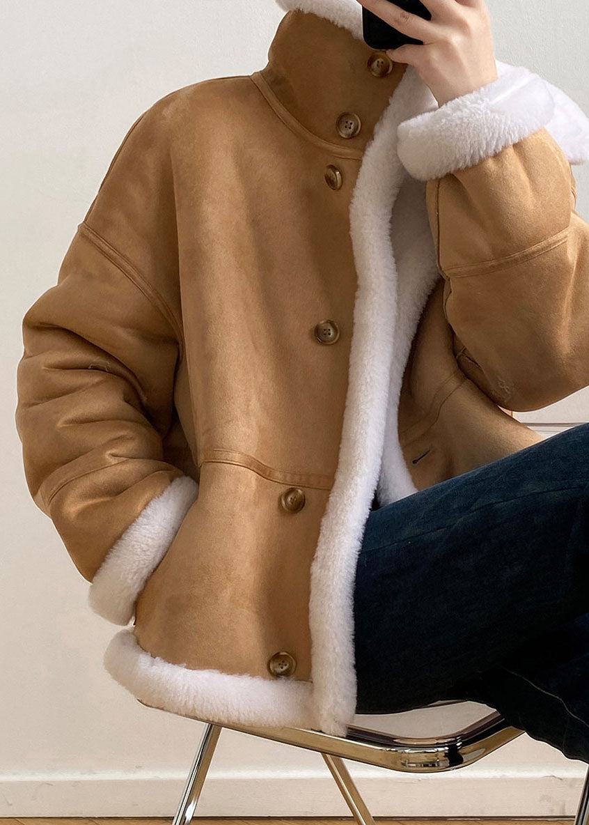 Camel Stand Collar Pockets Patchwork Wear on Both Sides Thick Fleece Jacket Long Sleeve