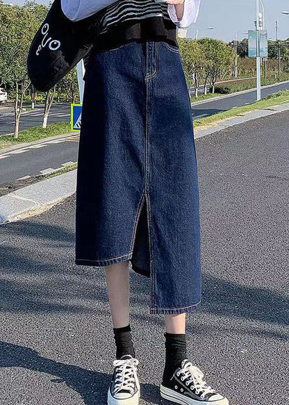 Navy Side Open Asymmetrical Pocket Cotton Denim Wraped Skirts Cozy