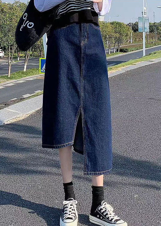Navy Side Open Asymmetrical Pocket Cotton Denim Wraped Skirts Cozy