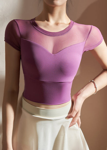 Purple O-neck Tulle Yoga Top Summer