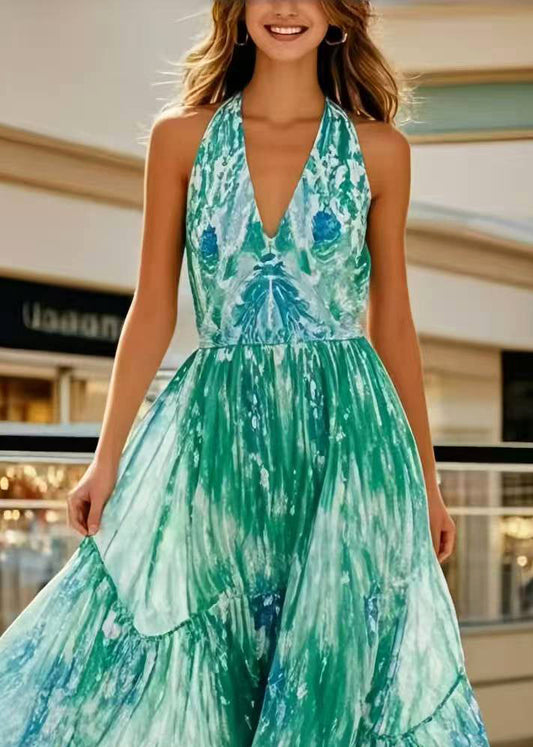 Green Print Exra Large Hem Chiffon Holiday Halter Dress Summer