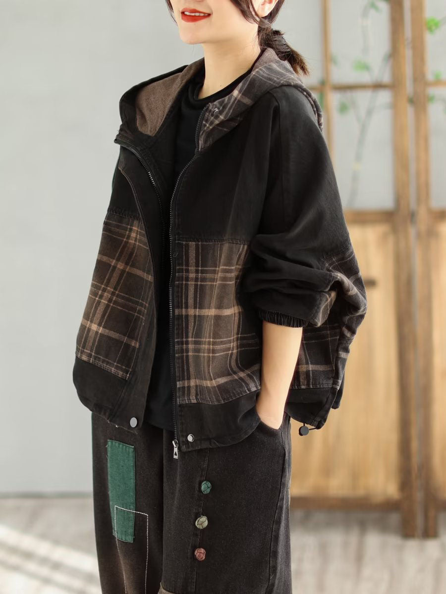Spring Spliced Denim Hooded Coat