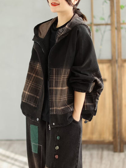 Spring Spliced Denim Hooded Coat