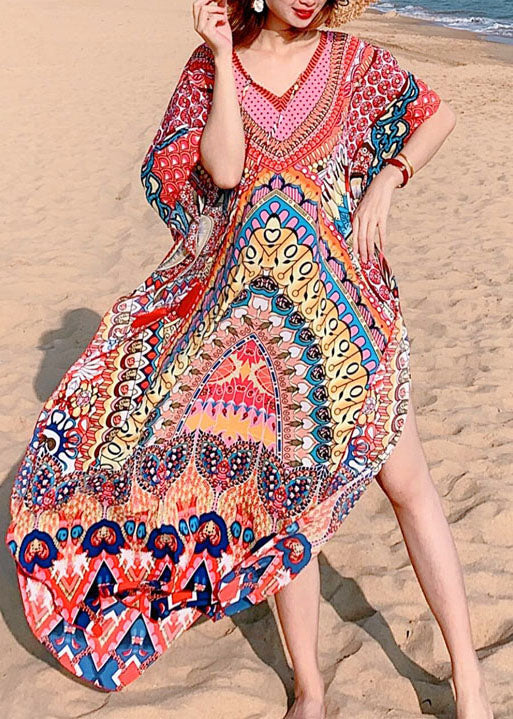 Red Print Beach Gown Mid Dress Summer
