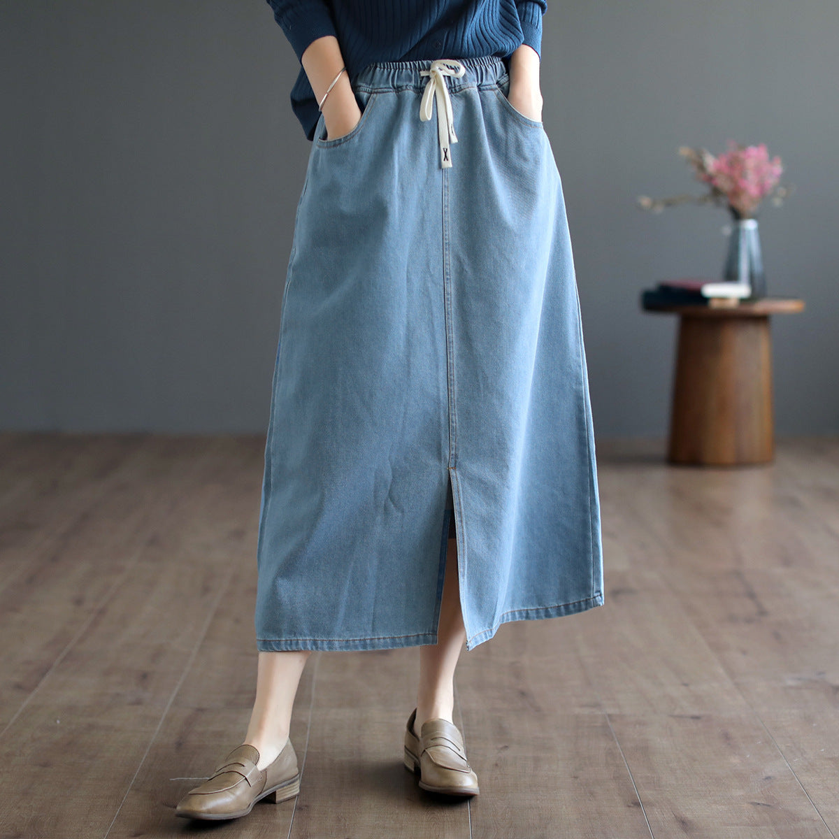 Literary All-match Slit Denim Skirt