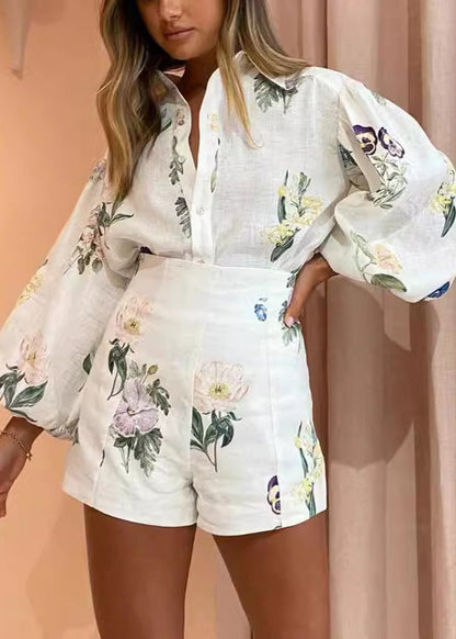 Italian Beige High Waist Button Shirts and Shorts Two Pieces Set Lantern Sleeve