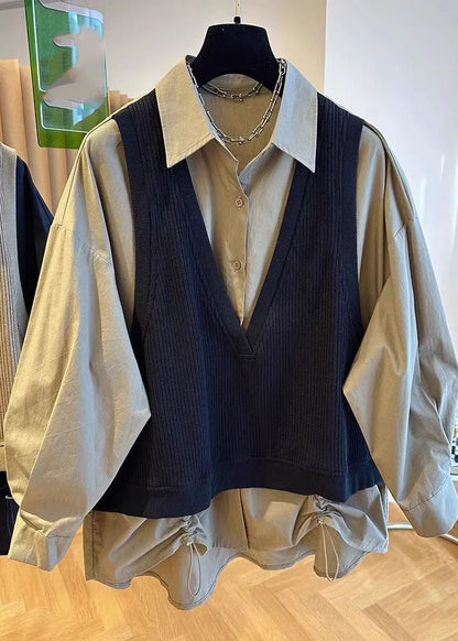 Khaki Peter Pan Collar Patchwork Button Fake Two Pieces Shirts Fall