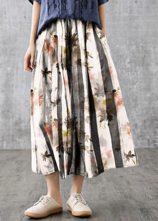 White Flowers Retro Striped a Line Summer Skirts Linen