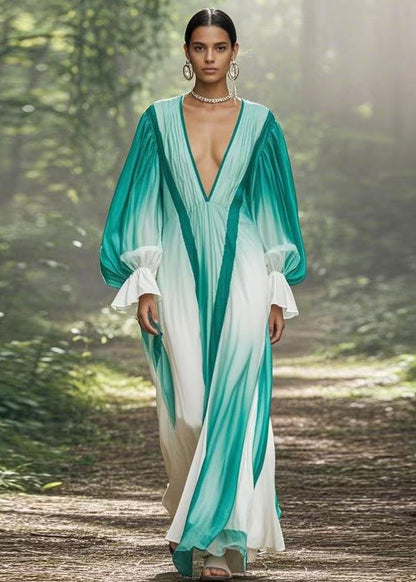 Gradient Color V Neck Original Design Chiffon Long Dresses Flare Sleeve