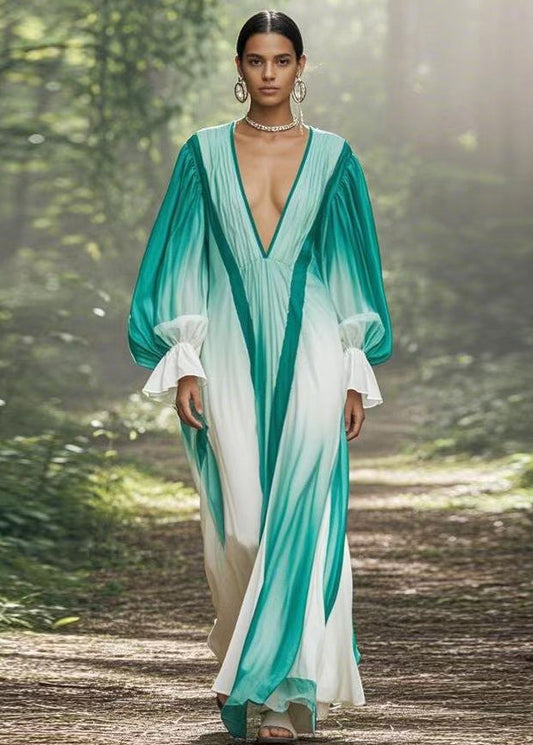 Gradient Color V Neck Original Design Chiffon Long Dresses Flare Sleeve