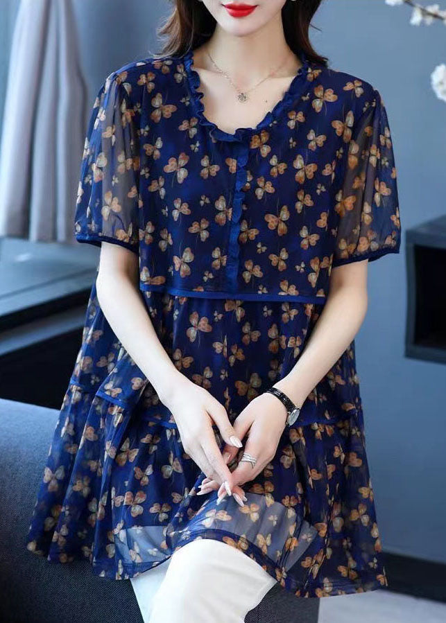 Blue Ruffled Print Patchwork Linen Blouse Tops Summer