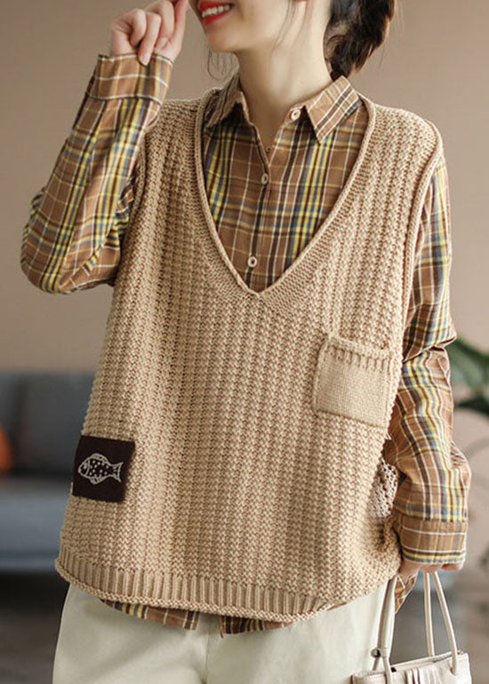 Orange V Neck Pockets Knit Tank Tops Sleeveless