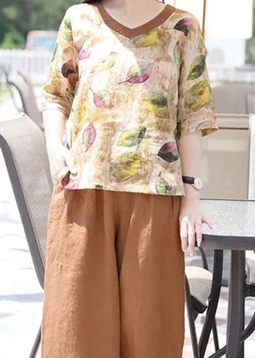V Neck Print Loose Cotton Blouse Top Summer