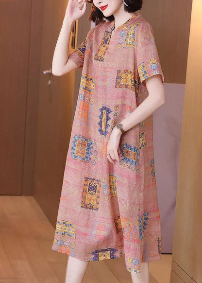 V Neck Print Linen Long Dresses Short Sleeve