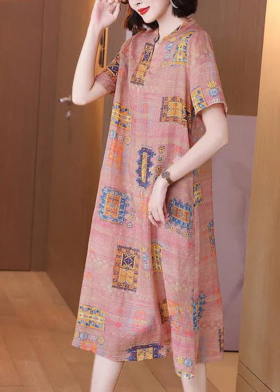 V Neck Print Linen Long Dresses Short Sleeve