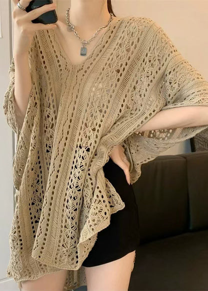 French Khaki V Neck Hollow Out Loose Knit Top Summer