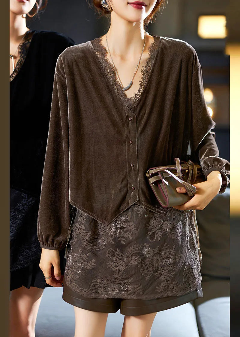 Black V Neck Lace Patchwork Silk Velour Top Long Sleeve