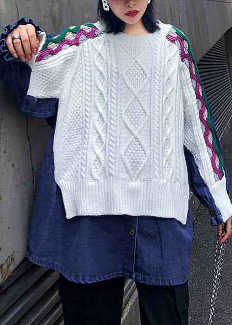 White Top O Neck Patchwork Oversized Shirts