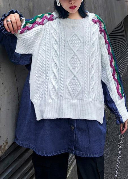 White Top O Neck Patchwork Oversized Shirts