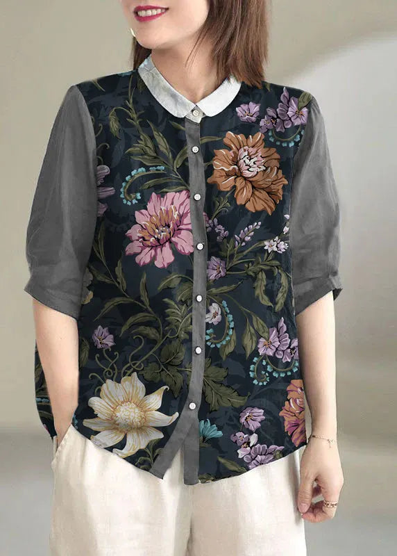 Navy Peter Pan Collar Button Loose Fall Half Sleeve Shirt Tops