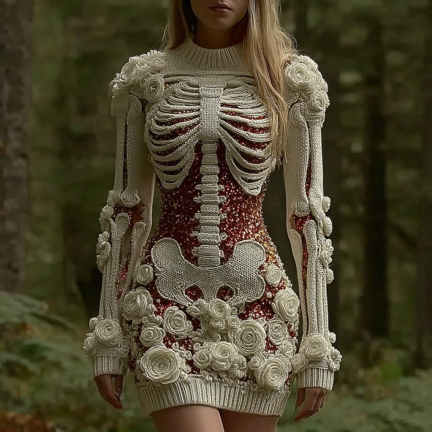 Comstylish Women's Vintage Halloween Skeleton Bones Rose Art Cozy Knit Mini Sweater Dress