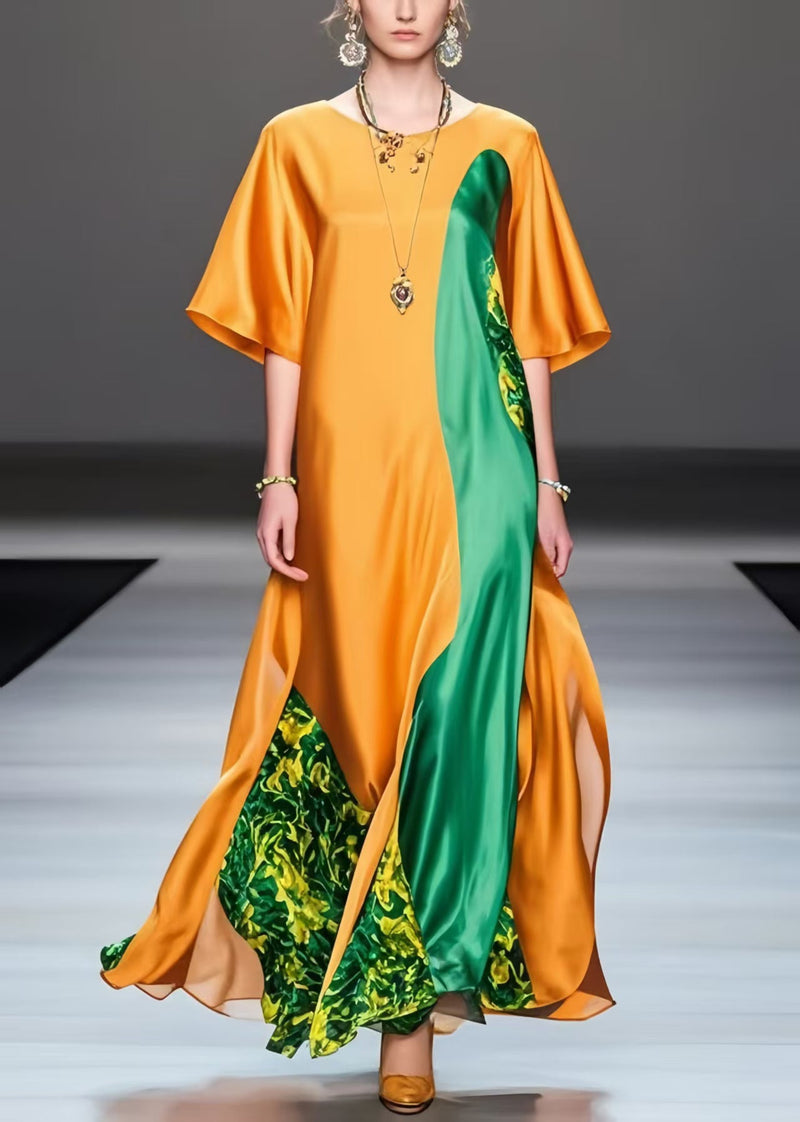 Orange Oversized Patchwork Silk Long Dress Summer