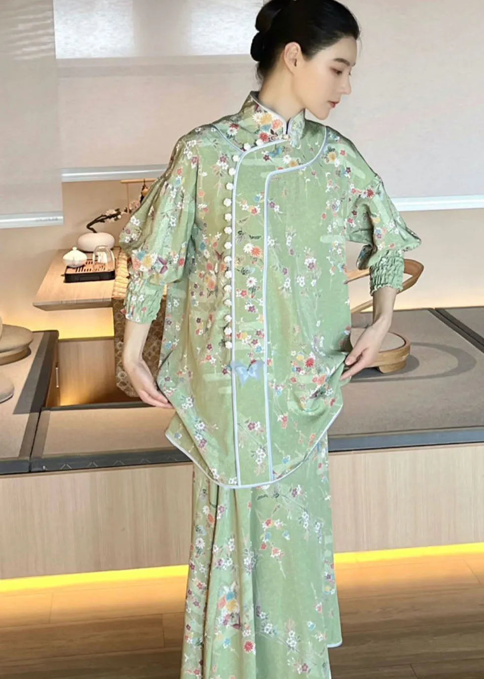 Handmade Light Green Embroidered Button Silk Top and Maxi Skirts Two Pieces Set Fall