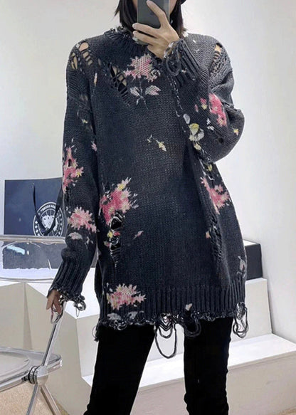 Dark Gray Hole Patchwork Knit Sweaters Top Fall