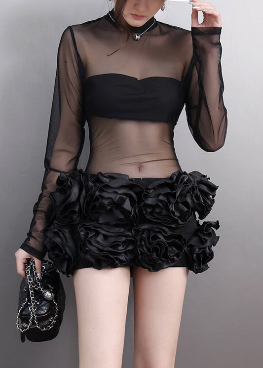 Black Turtleneck Tulle Mid Dress Long Sleeve
