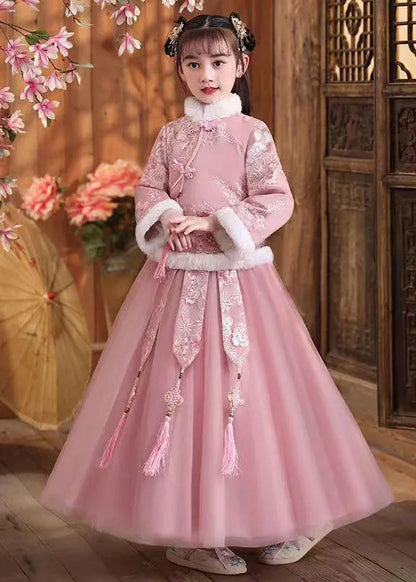 Pink Fur Collar Embroideried Coats and Tulle Maxi Skirts Two Pieces Set Winter