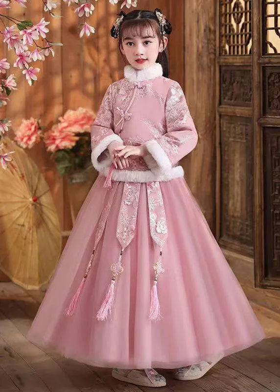 Pink Fur Collar Embroideried Coats and Tulle Maxi Skirts Two Pieces Set Winter