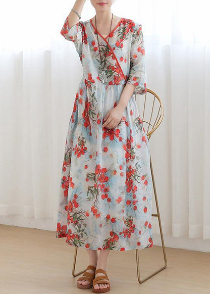 Cotton and Linen Jiangnan Five-point Sleeve High Waist Dress Ramie Printed Long Skirt