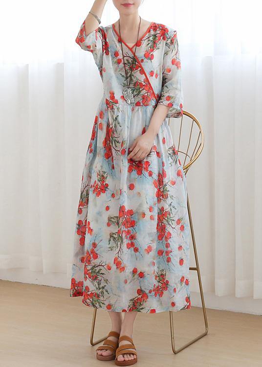Cotton and Linen Jiangnan Five-point Sleeve High Waist Dress Ramie Printed Long Skirt