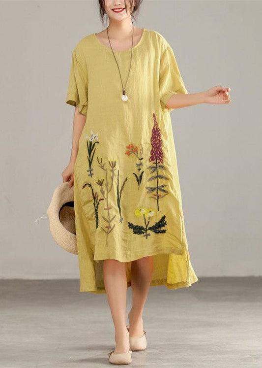 Italian Linen Cotton Dresses Printing Irregular Short Sleeve Yellow Dress